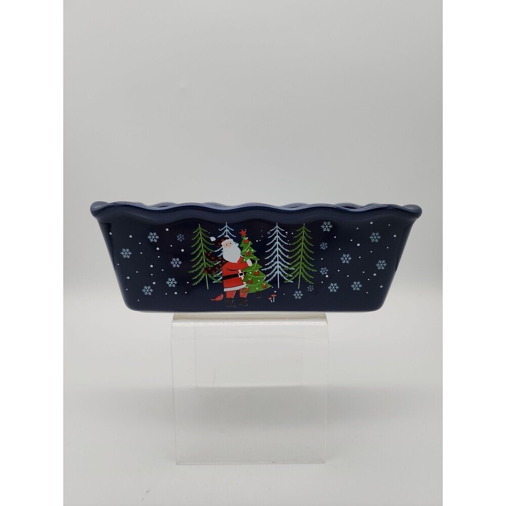 Nantucket Ceramic Mini Loaf Pan Santa Claus Winter Scene Navy Blue NEW 6" x 3"